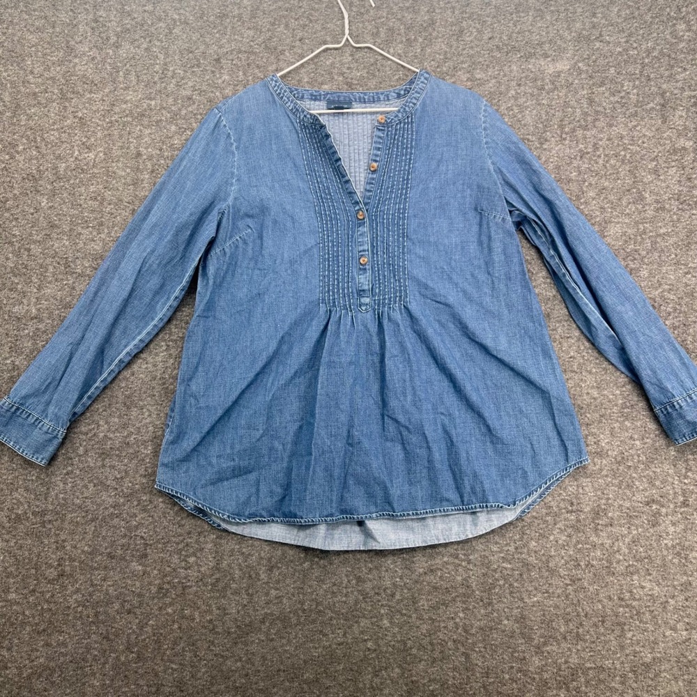 J.Jill Denim Blue Pintuck Long Sleeve Tunic Blouse Small  Jean pullover top
